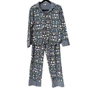 Vera Bradley 100% Cotton Forest Notch Collar Pajama Set Blue Brown Size S